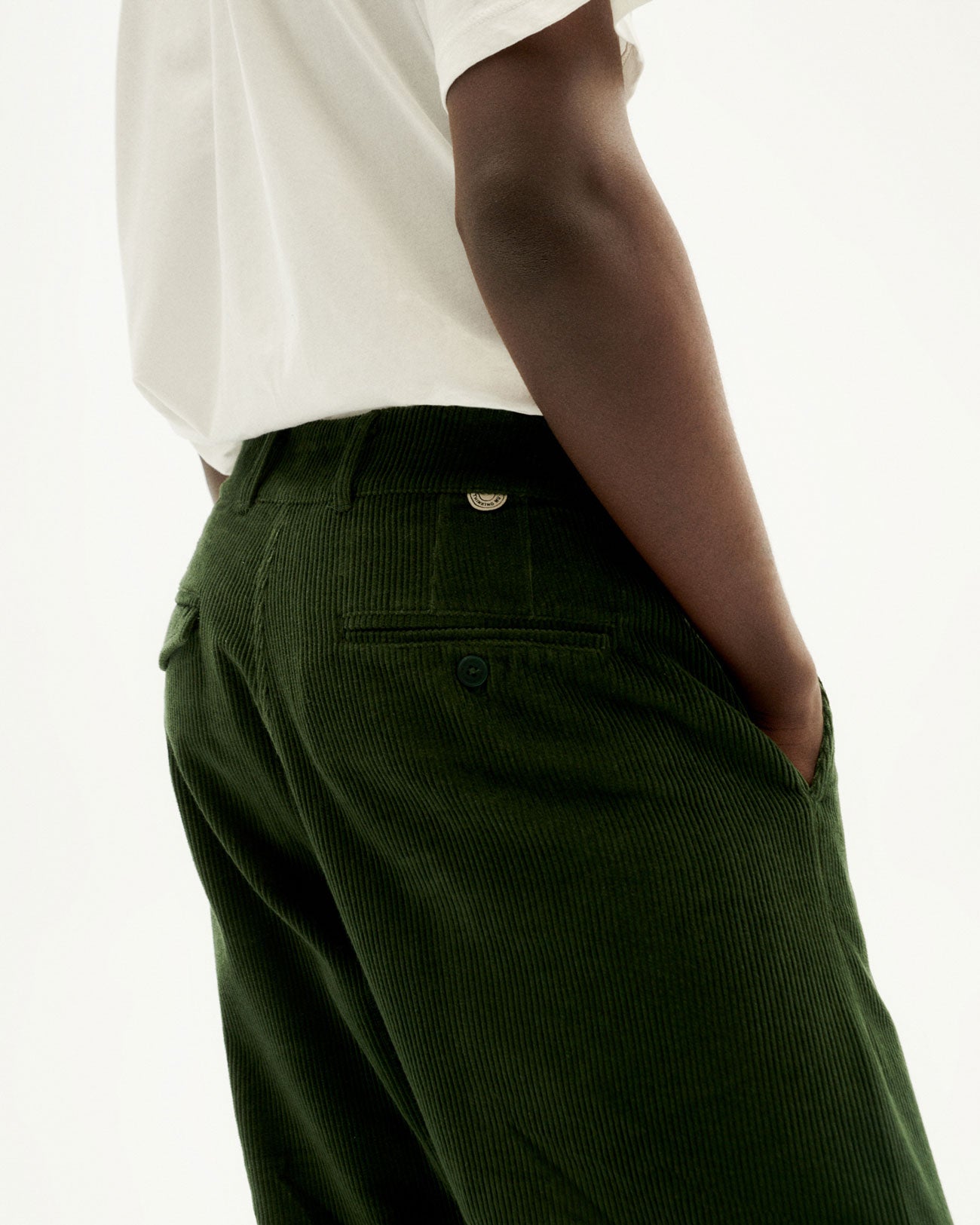 Olive Green Wide Leg Scalloped Pocket Corduroy Trousers | Oliver Bonas