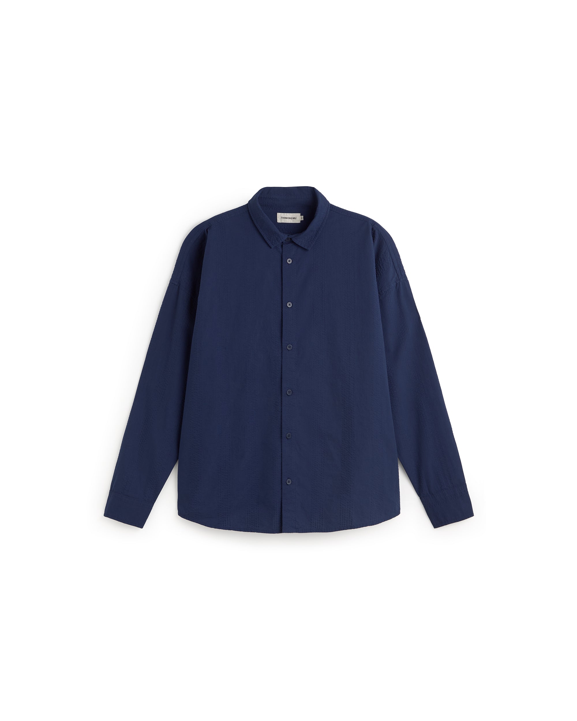 Camisa oversize seersucker azul Haru sostenible silueta - 1