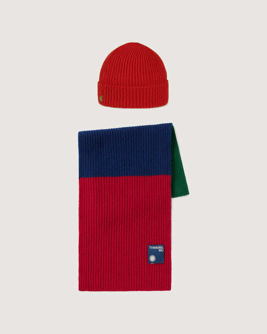 Wool play Ghede scarf and red wool Amor Beanie pack