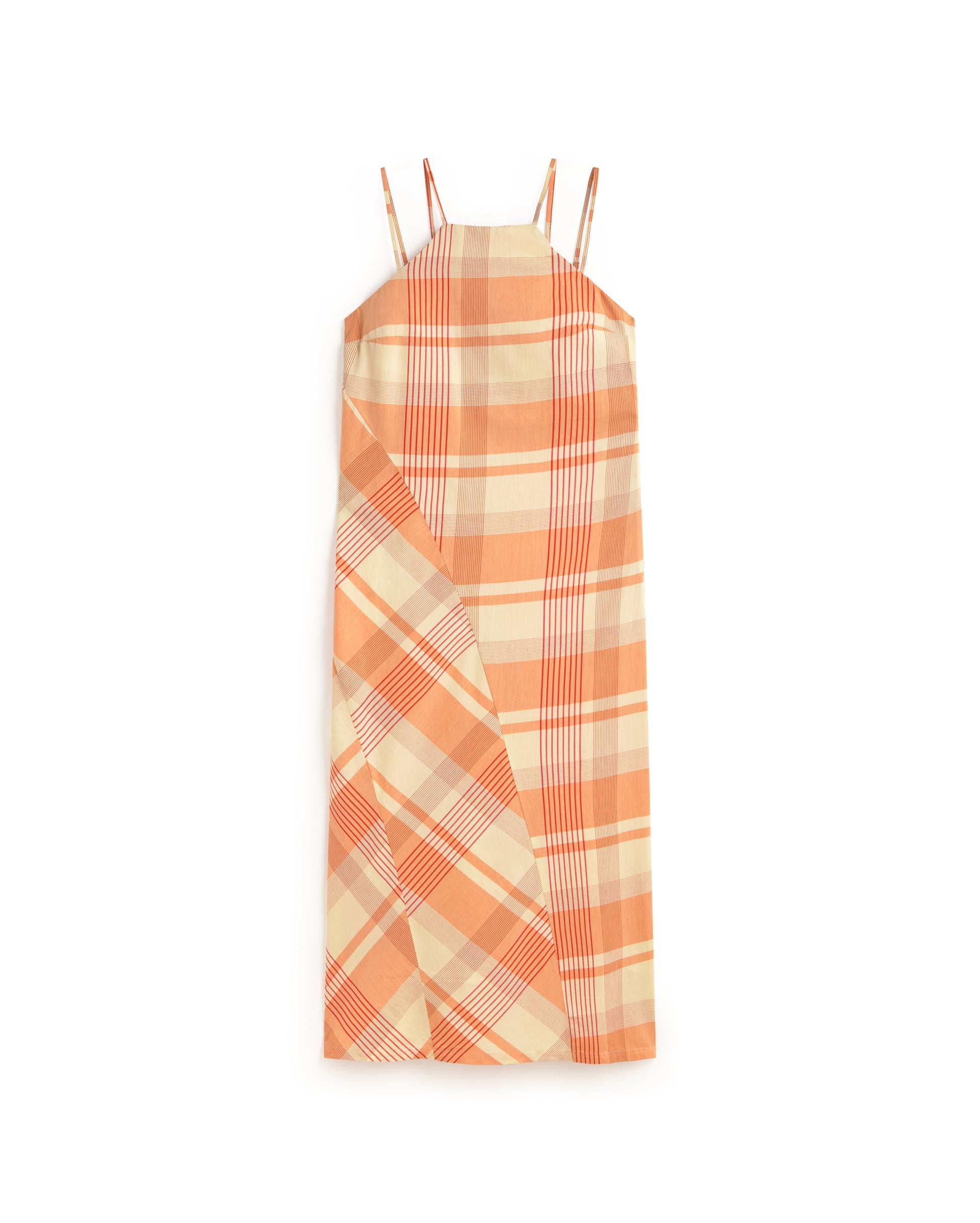 Vestido largo cuadros naranja Helia sostenible silueta - 1