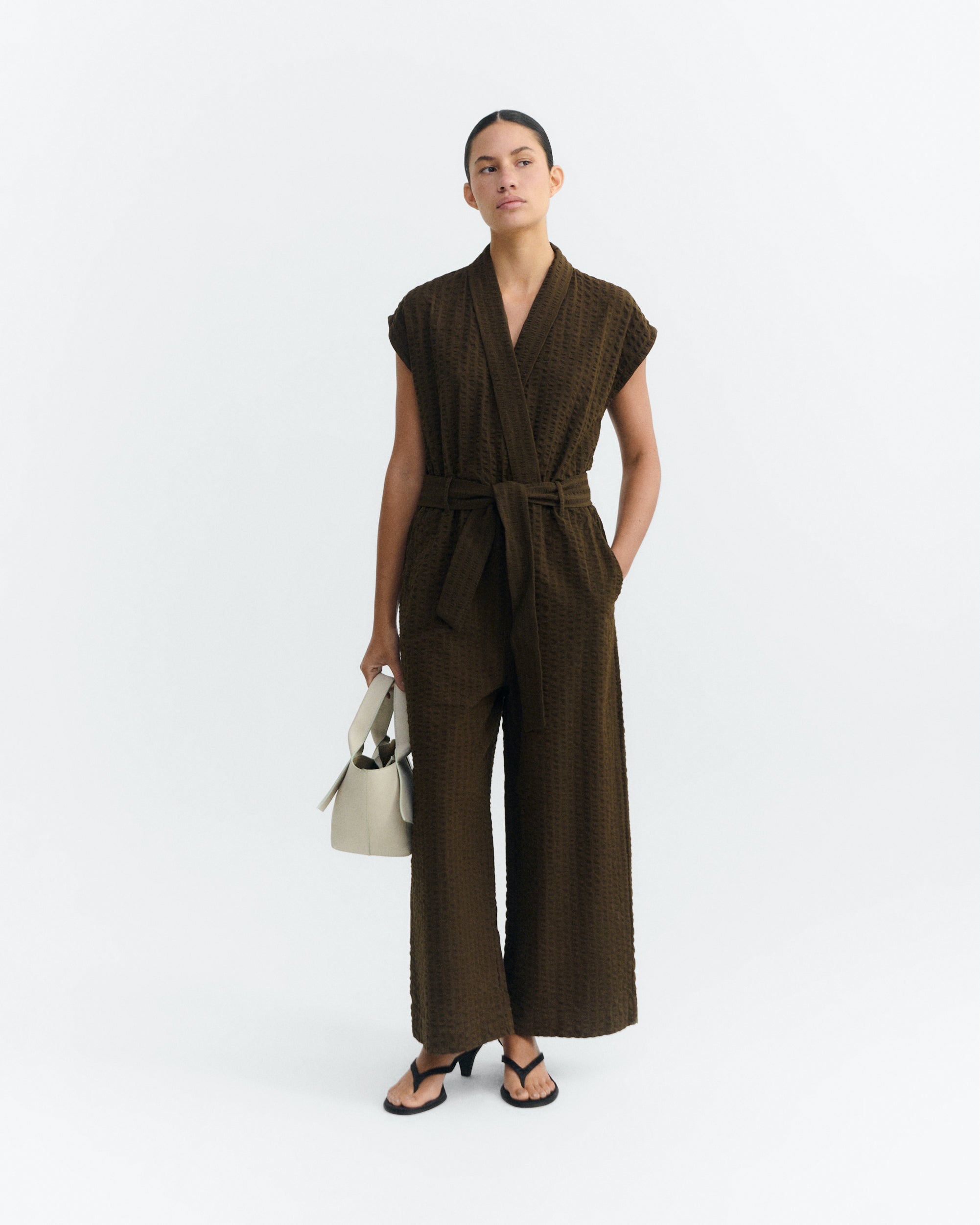 定価24800円タグ付✨LAME TWEED BUSTIER ROMPERS Seersucker Brown Women's Coverall Malawi Bow | Thinking Mu