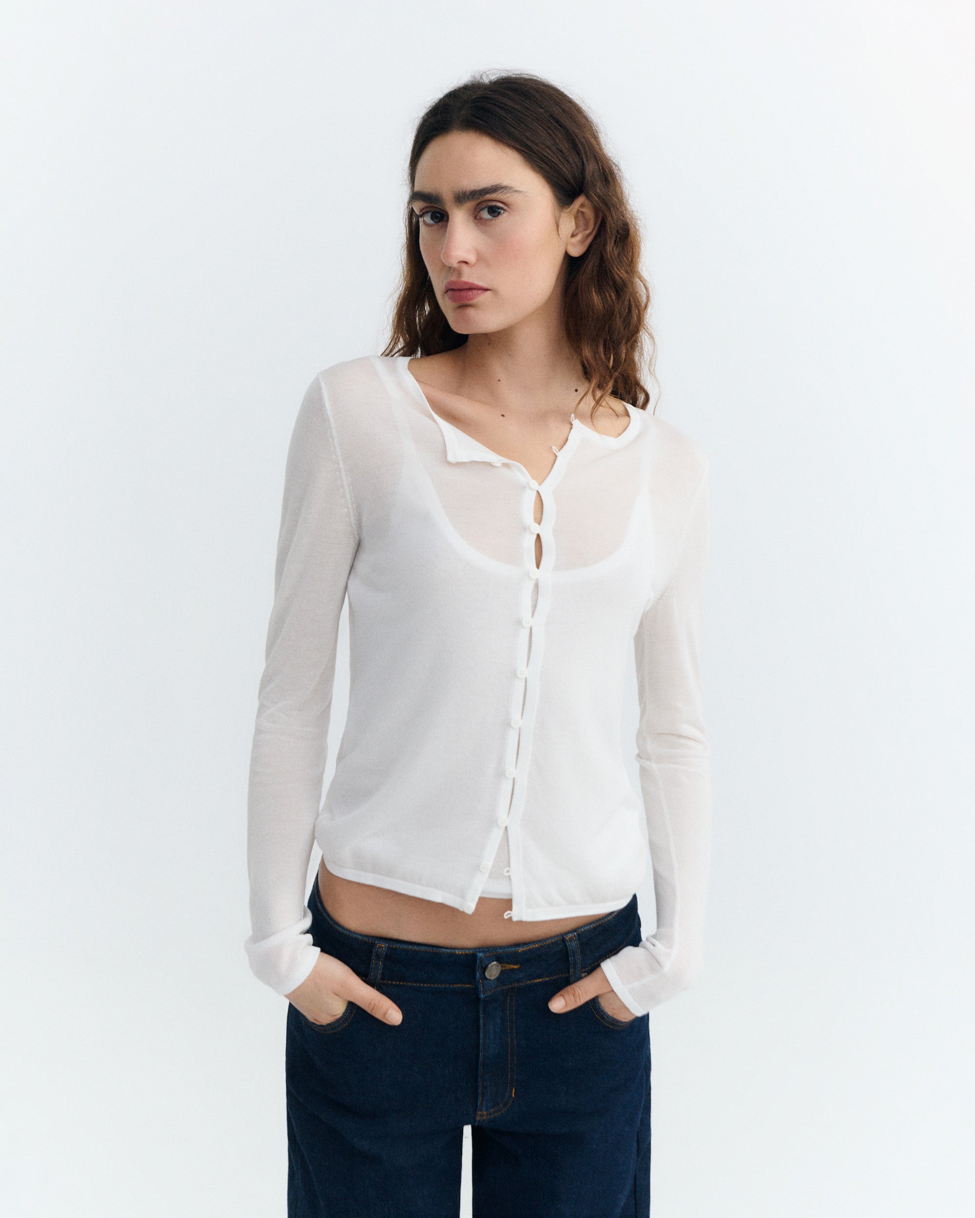 Cardigan Women's Knitted Ecru Transparent Manon | Thinking Mu