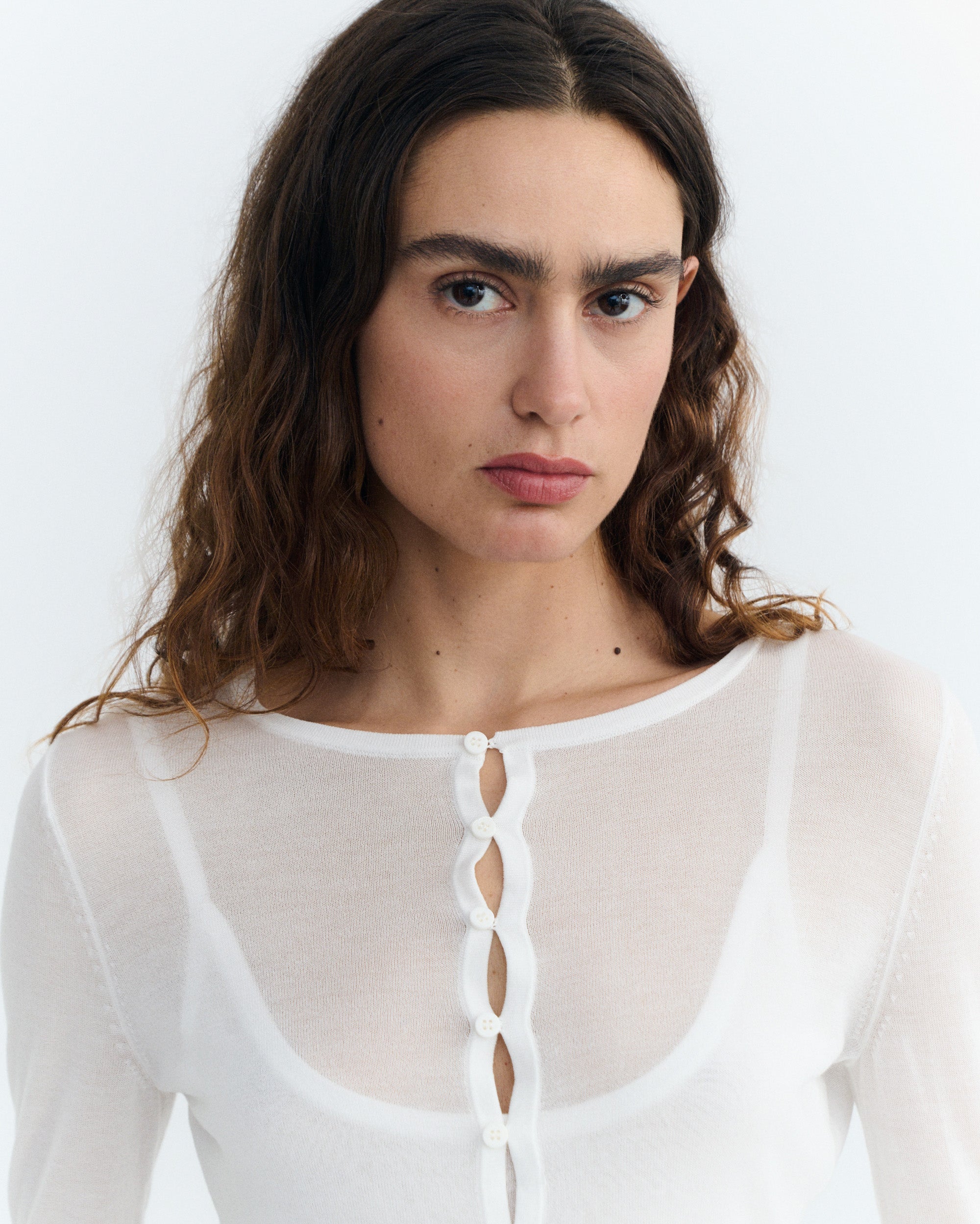 Cardigan Women's Knitted Ecru Transparent Manon | Thinking Mu