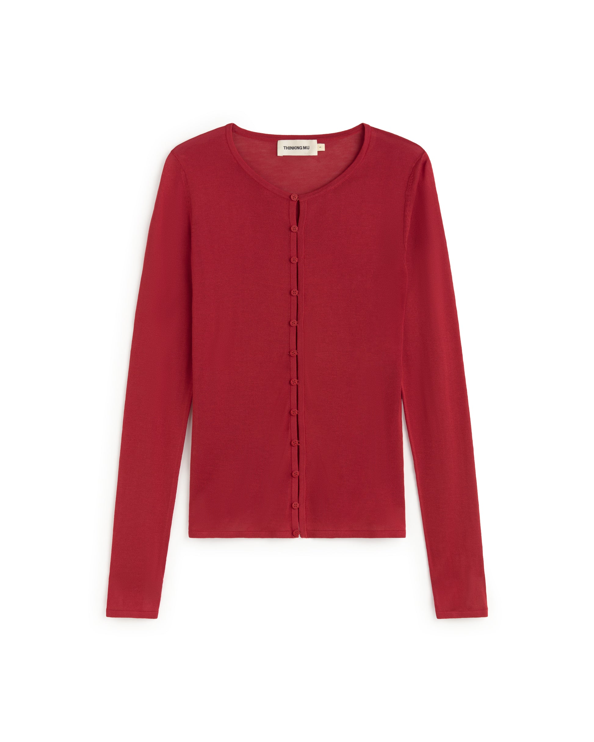 Cardigan punto rojo transparente Manon sostenible silueta - 1