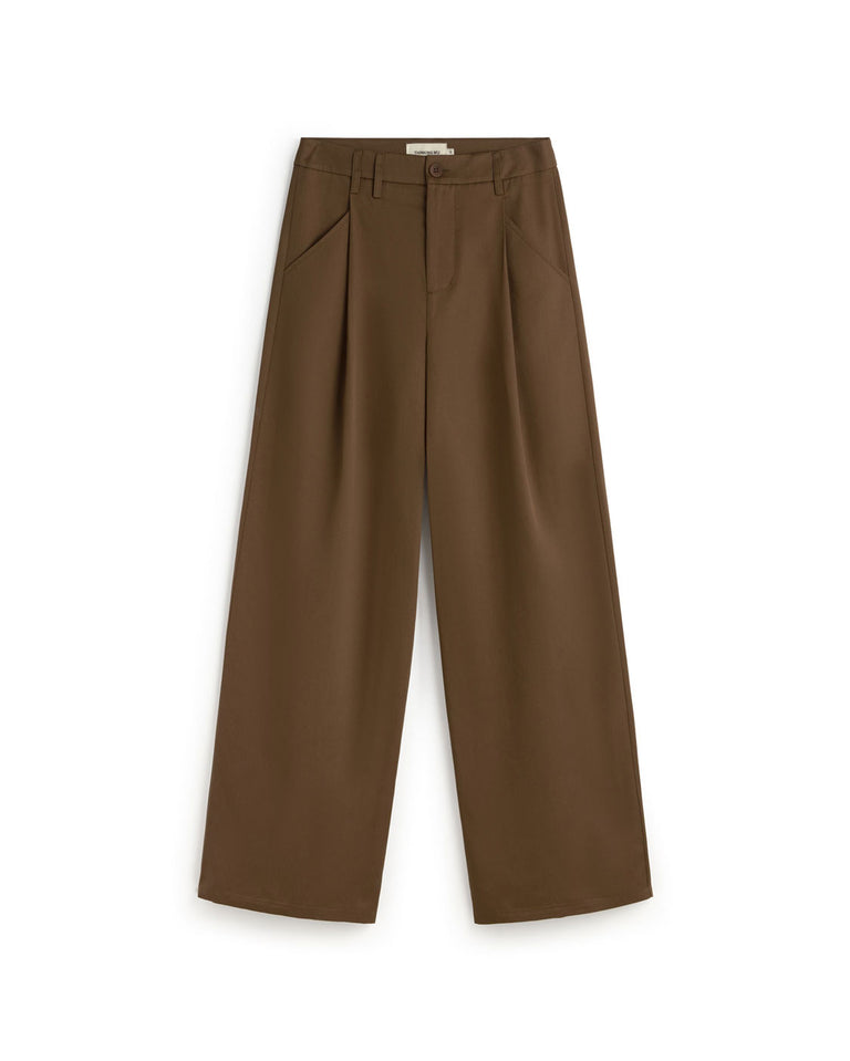 Pantalón wide leg pinza marrón Molly sostenible silueta - 1
