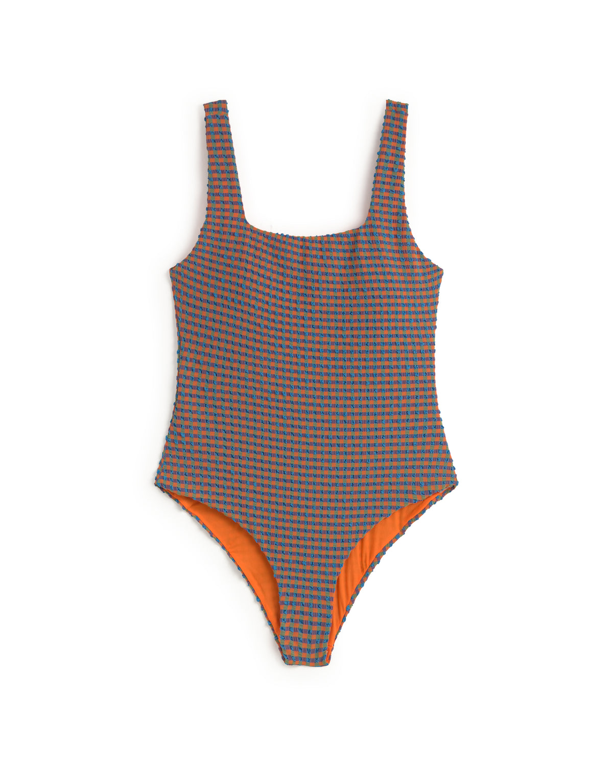 Bañador seersucker naranja y azul Amalfi sostenible silueta - 1