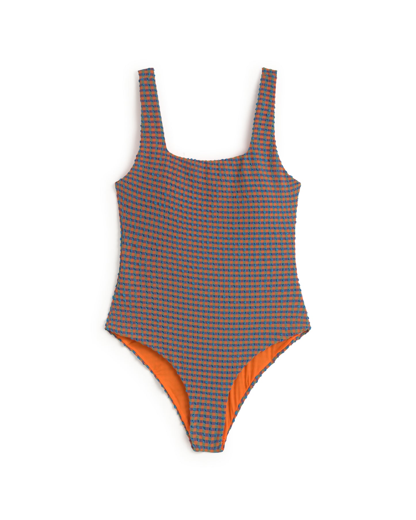 Bañador seersucker naranja y azul Amalfi sostenible silueta - 1