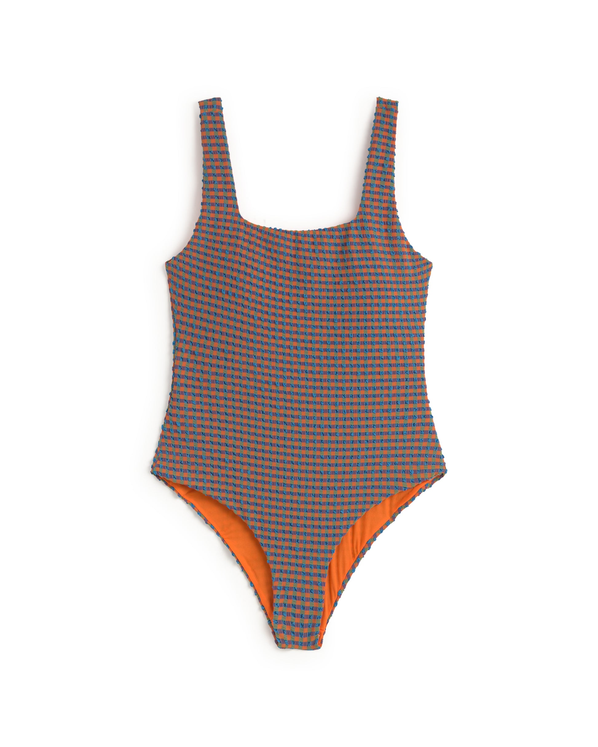 Bañador seersucker naranja y azul Amalfi sostenible silueta - 1