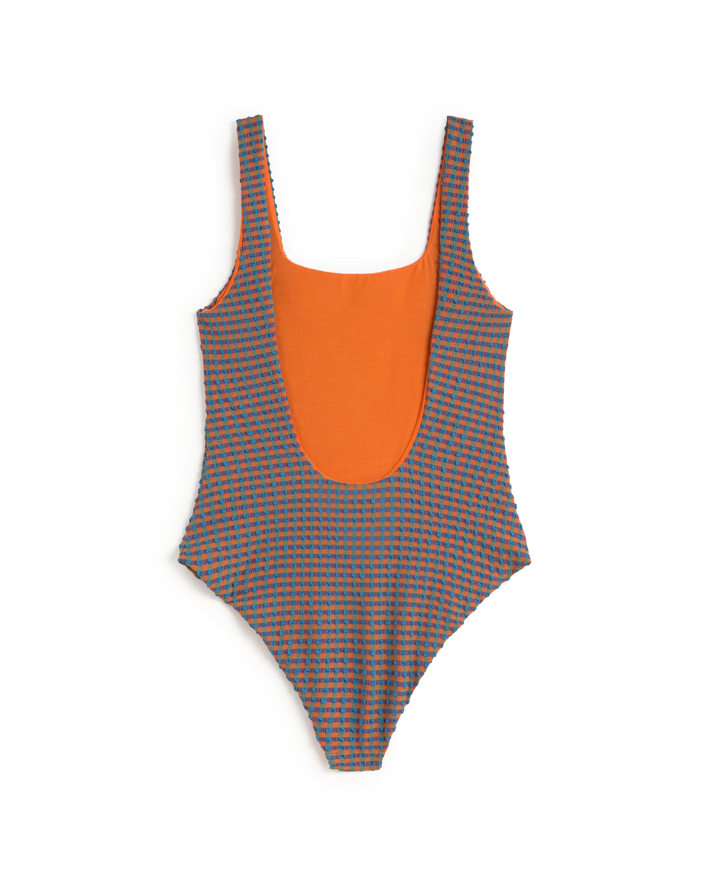 Bañador seersucker naranja y azul Amalfi sostenible silueta - 3