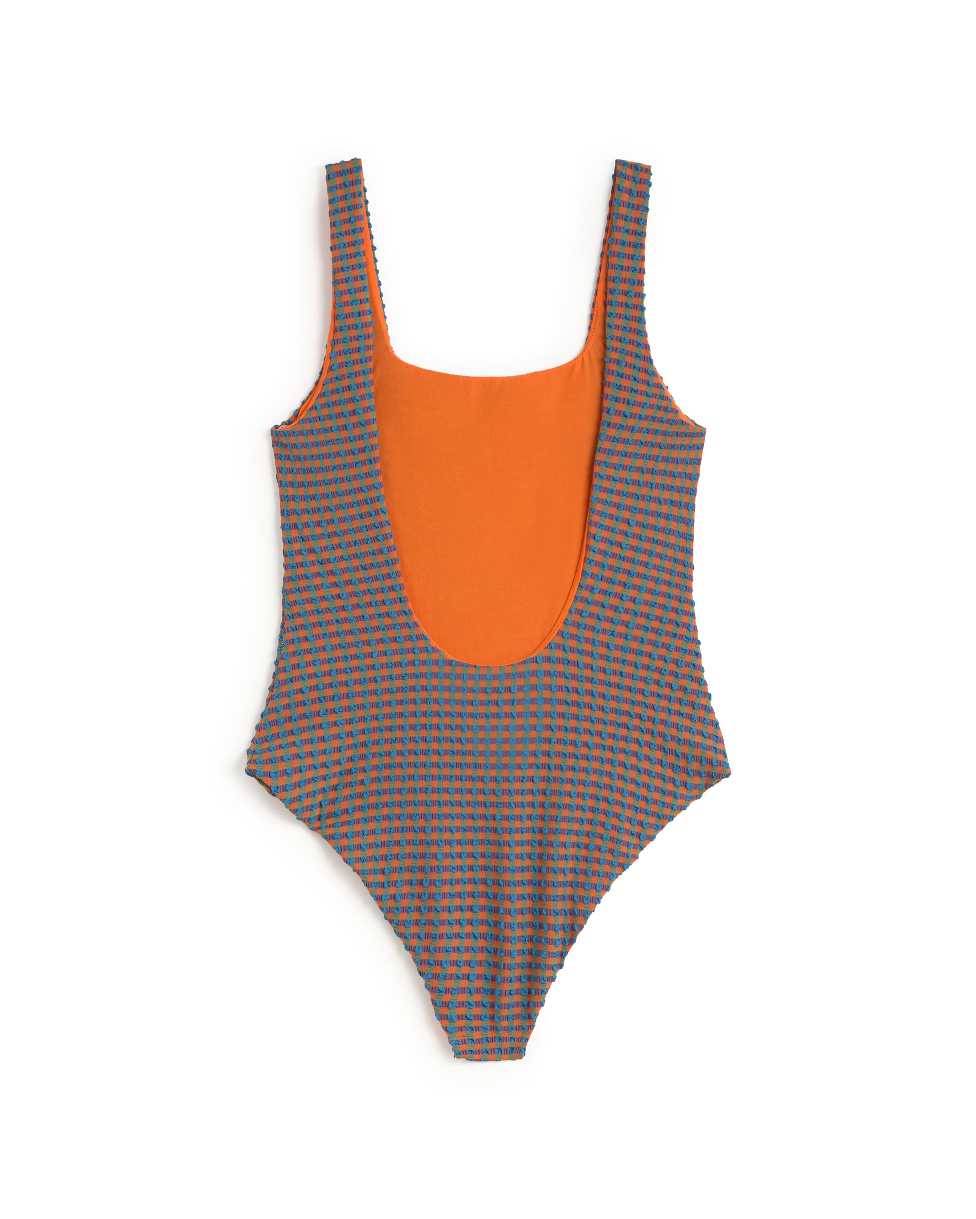 Bañador seersucker naranja y azul Amalfi sostenible silueta - 3