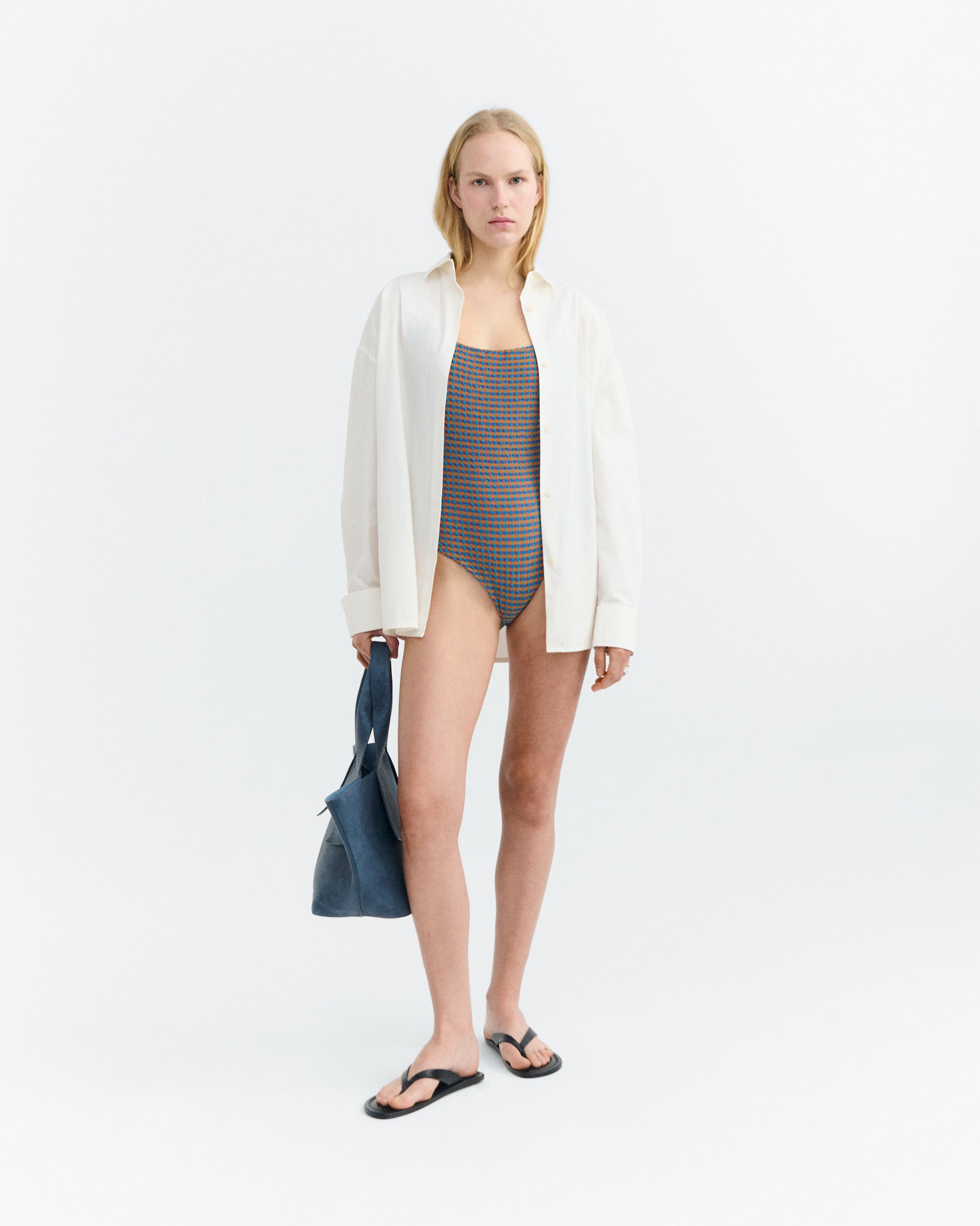 Bañador seersucker naranja y azul Amalfi sostenible - 1