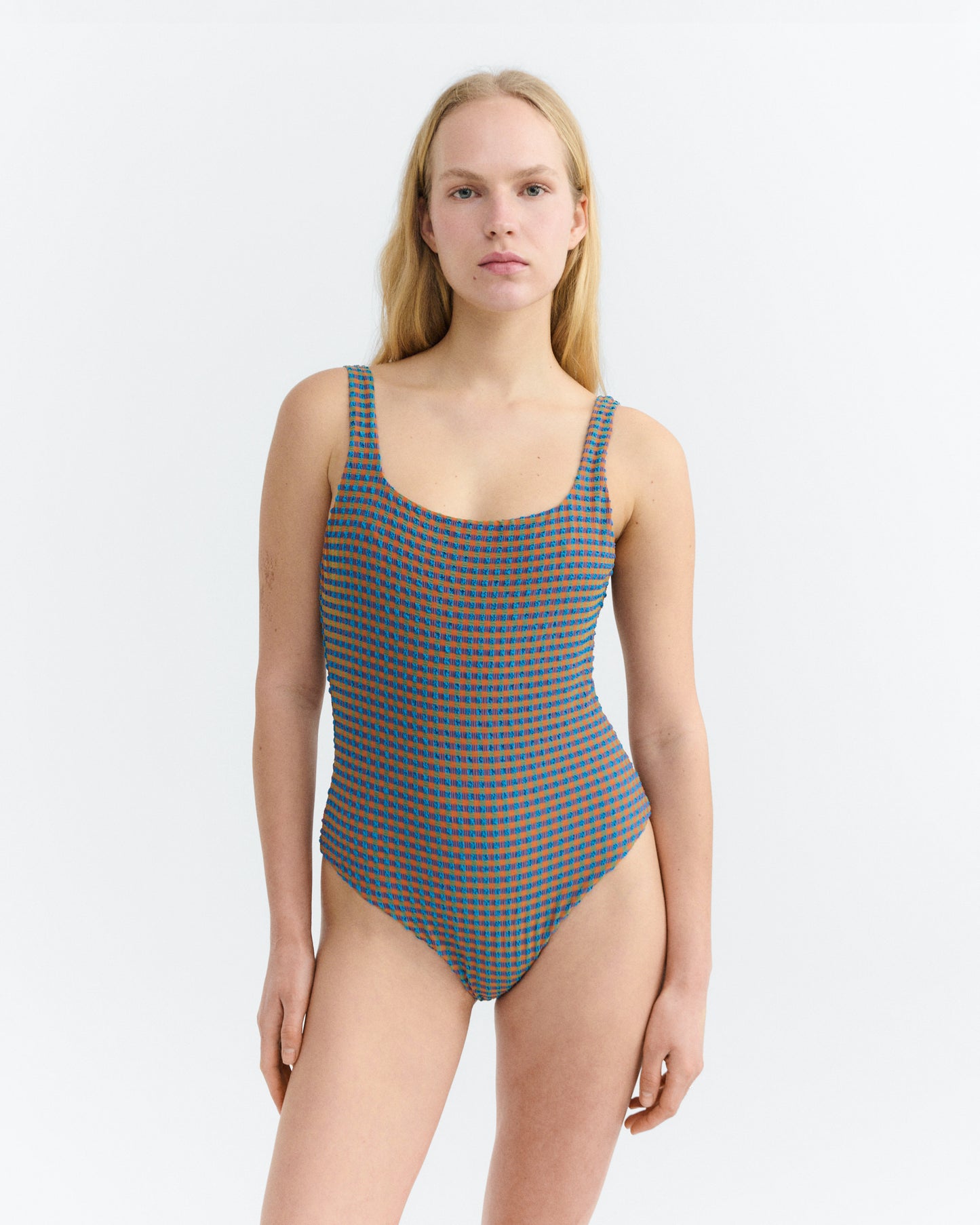 Bañador seersucker naranja y azul Amalfi sostenible - 3