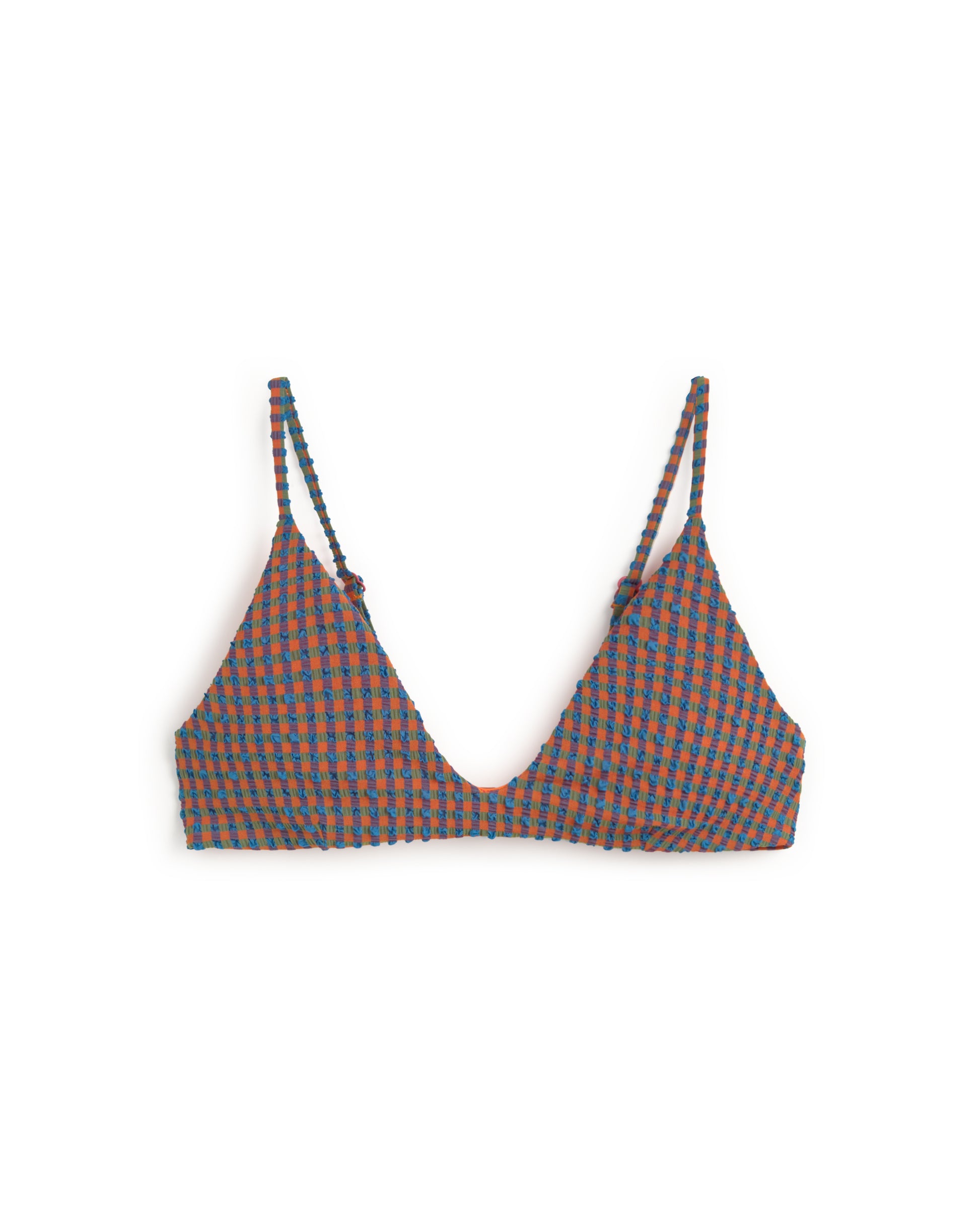 Top bikini seersucker naranja y azul Positano sostenible silueta - 1