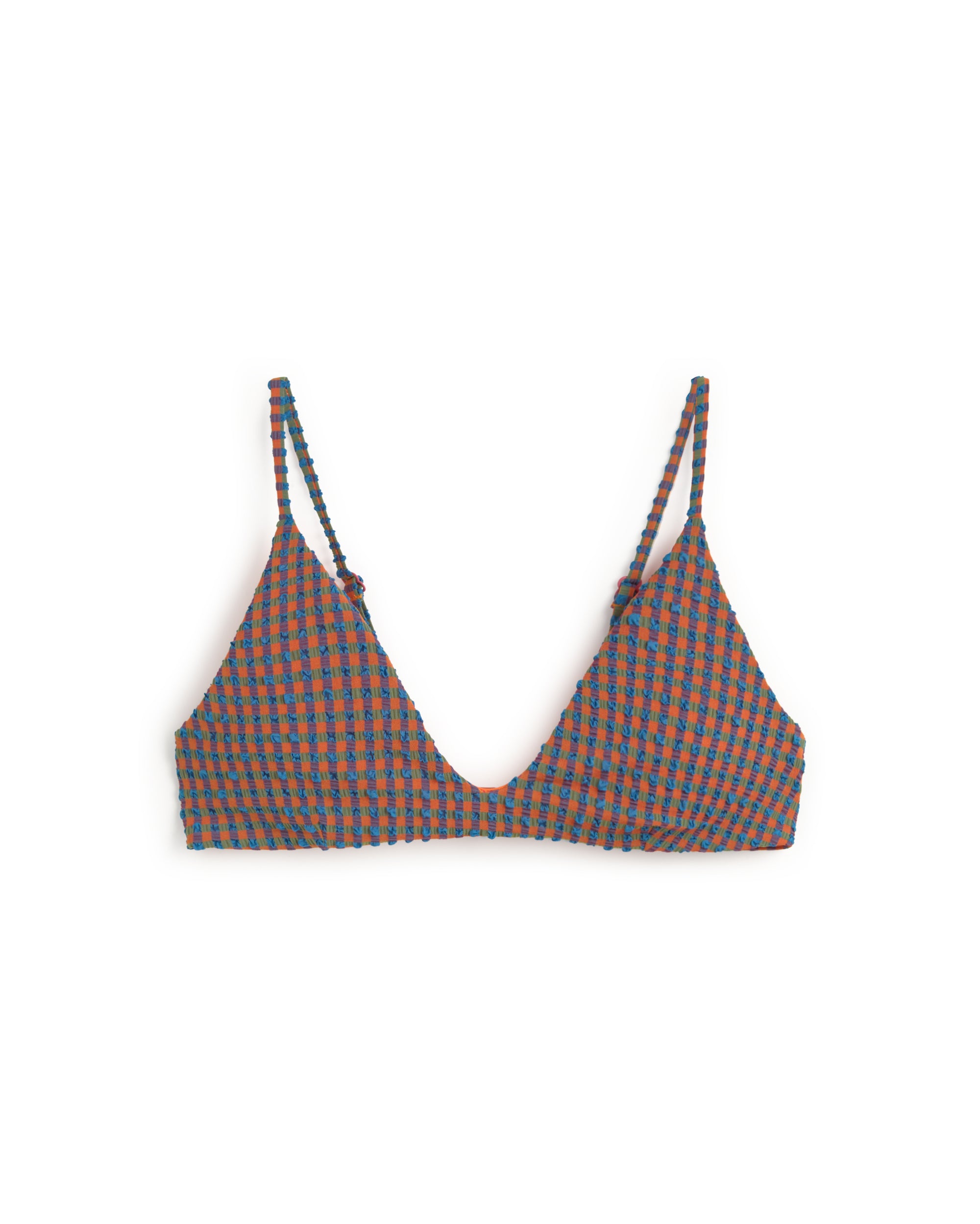 Top bikini seersucker naranja y azul Positano sostenible silueta - 1