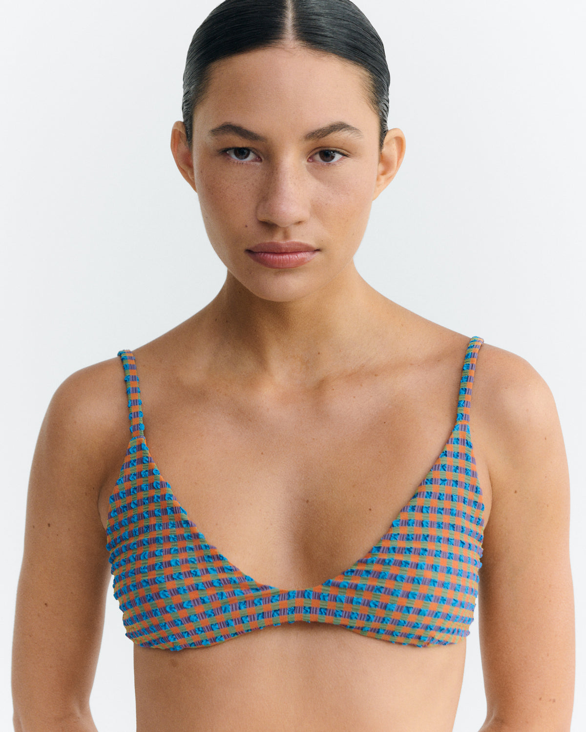 Top bikini seersucker naranja y azul Positano sostenible - 2