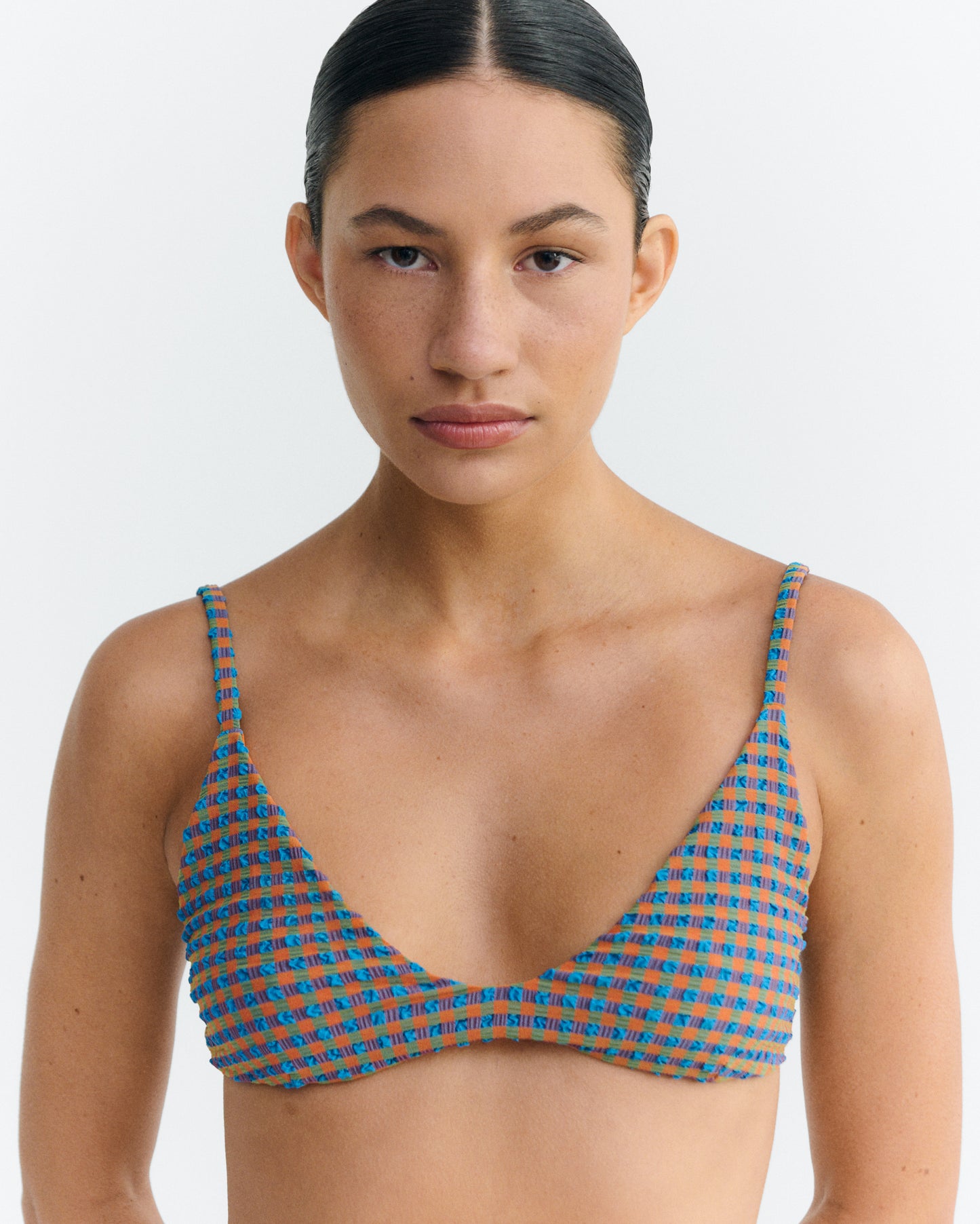 Top bikini seersucker naranja y azul Positano sostenible - 2