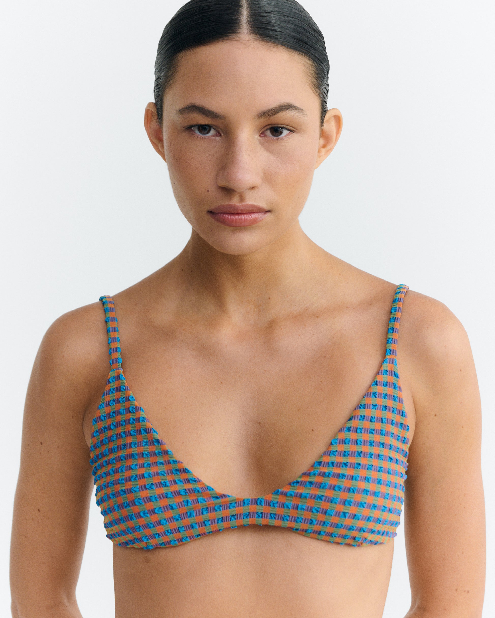 Top bikini seersucker naranja y azul Positano sostenible - 2