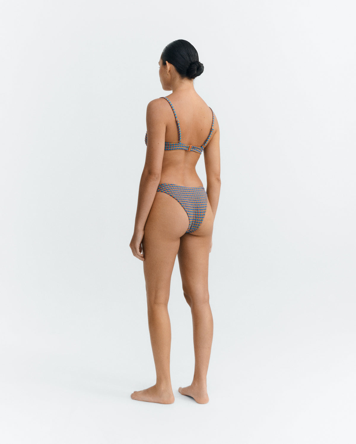 Top bikini seersucker naranja y azul Positano sostenible - 3