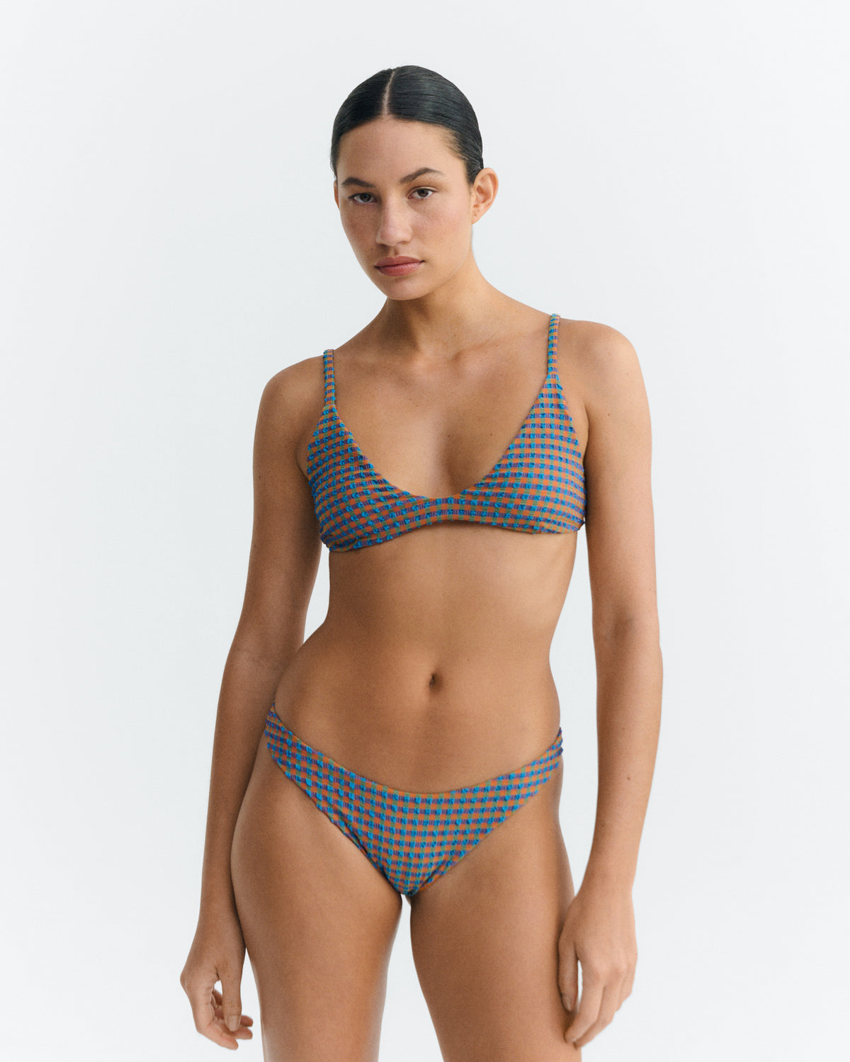 Top bikini seersucker naranja y azul Positano sostenible - 4