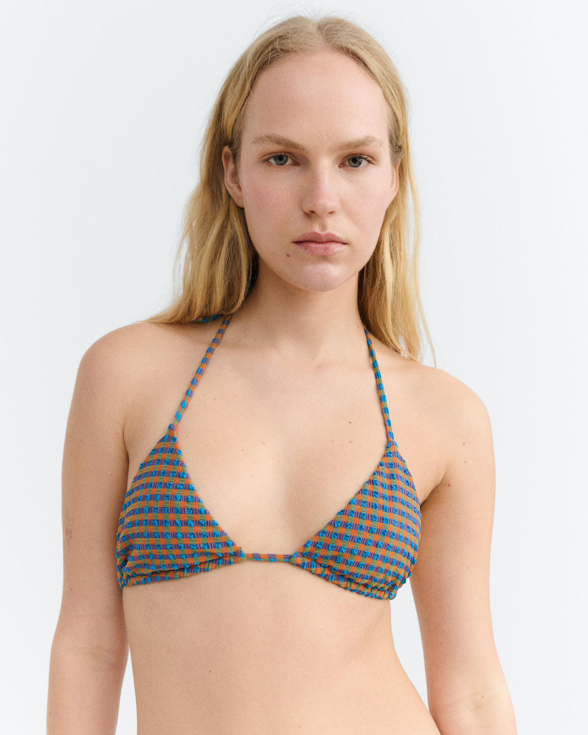 Top bikini ajustable seersucker naranja y azul Calabria sostenible - 5