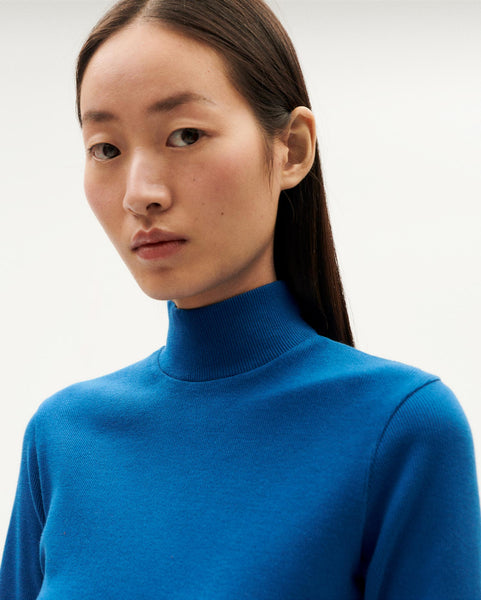 Blue top Aine long sleeve sustainable rib rib woman | Thinking Mu