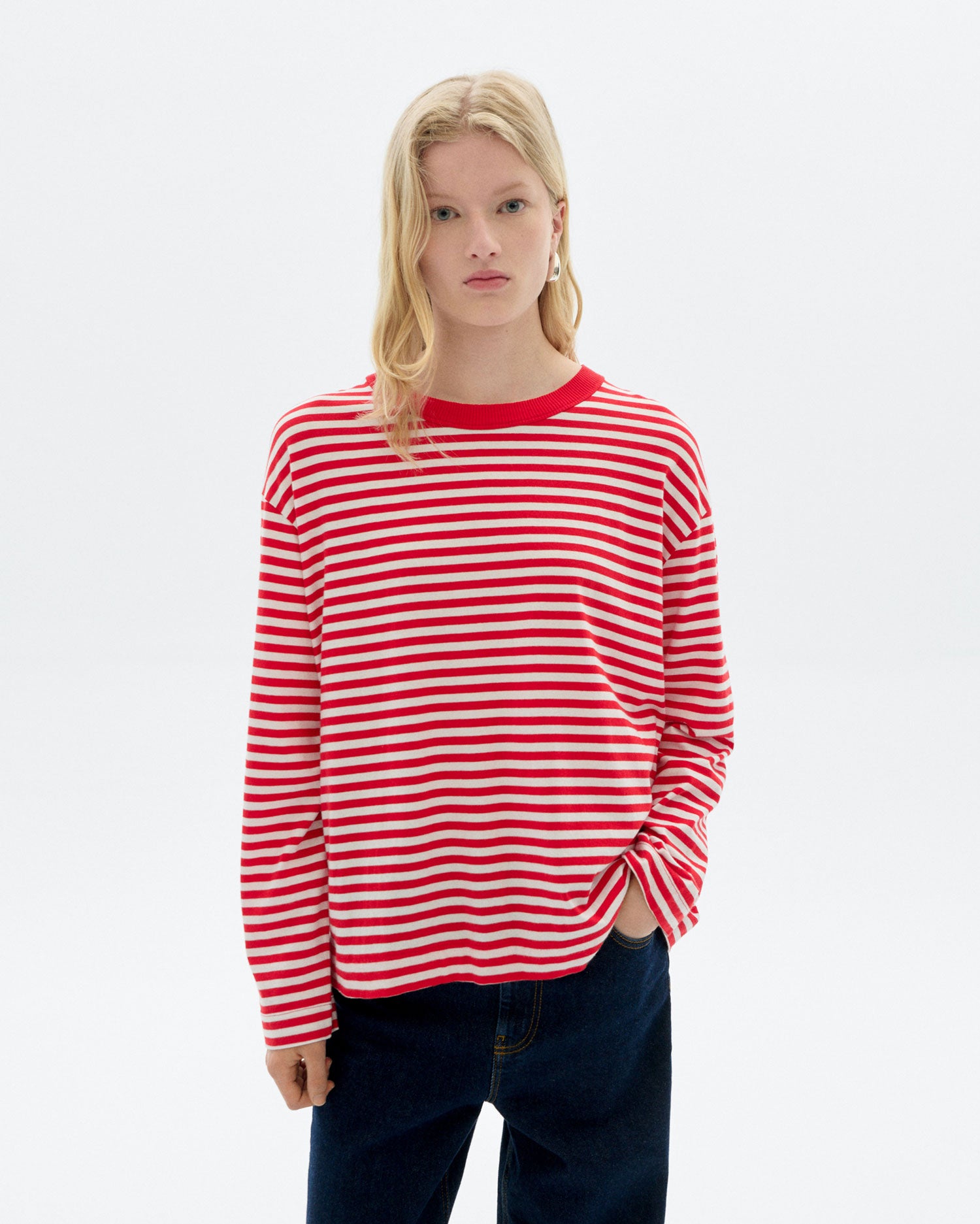 Women's Red Long Sleeve Striped T-Shirt with Stripes