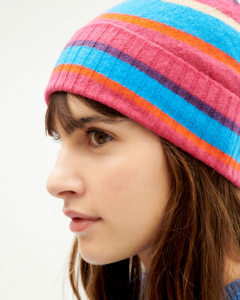 Gorro azul multicolor rayas lana merino Beanie-3